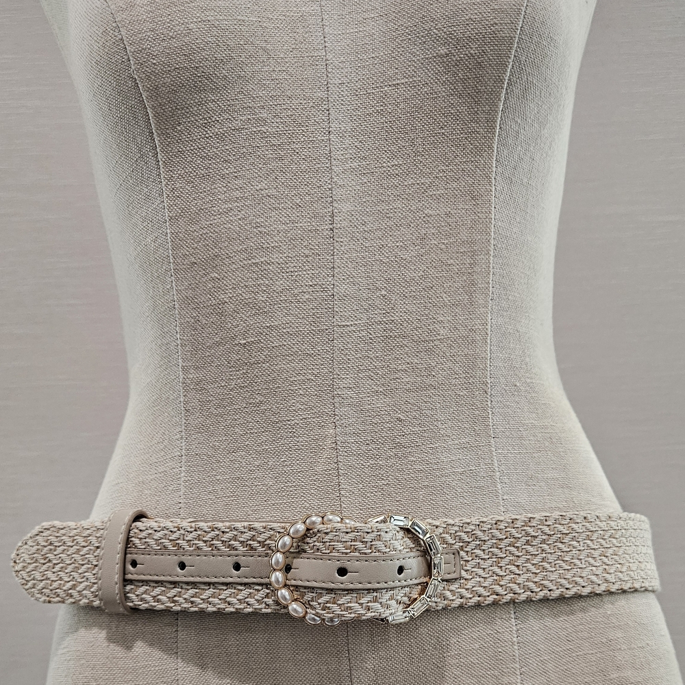Vince Camuto Beige Woven Belt with Pearl Details